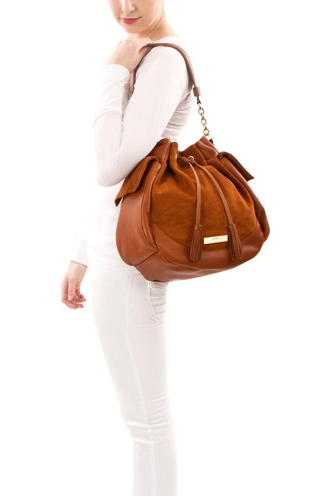 Soho Suede/Leather Large Drawstring Bag - Taupe