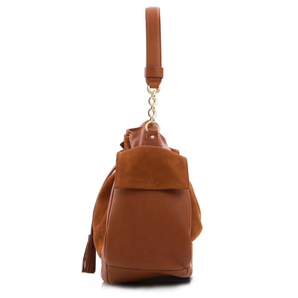 Soho Suede/Leather Large Drawstring Bag - Taupe